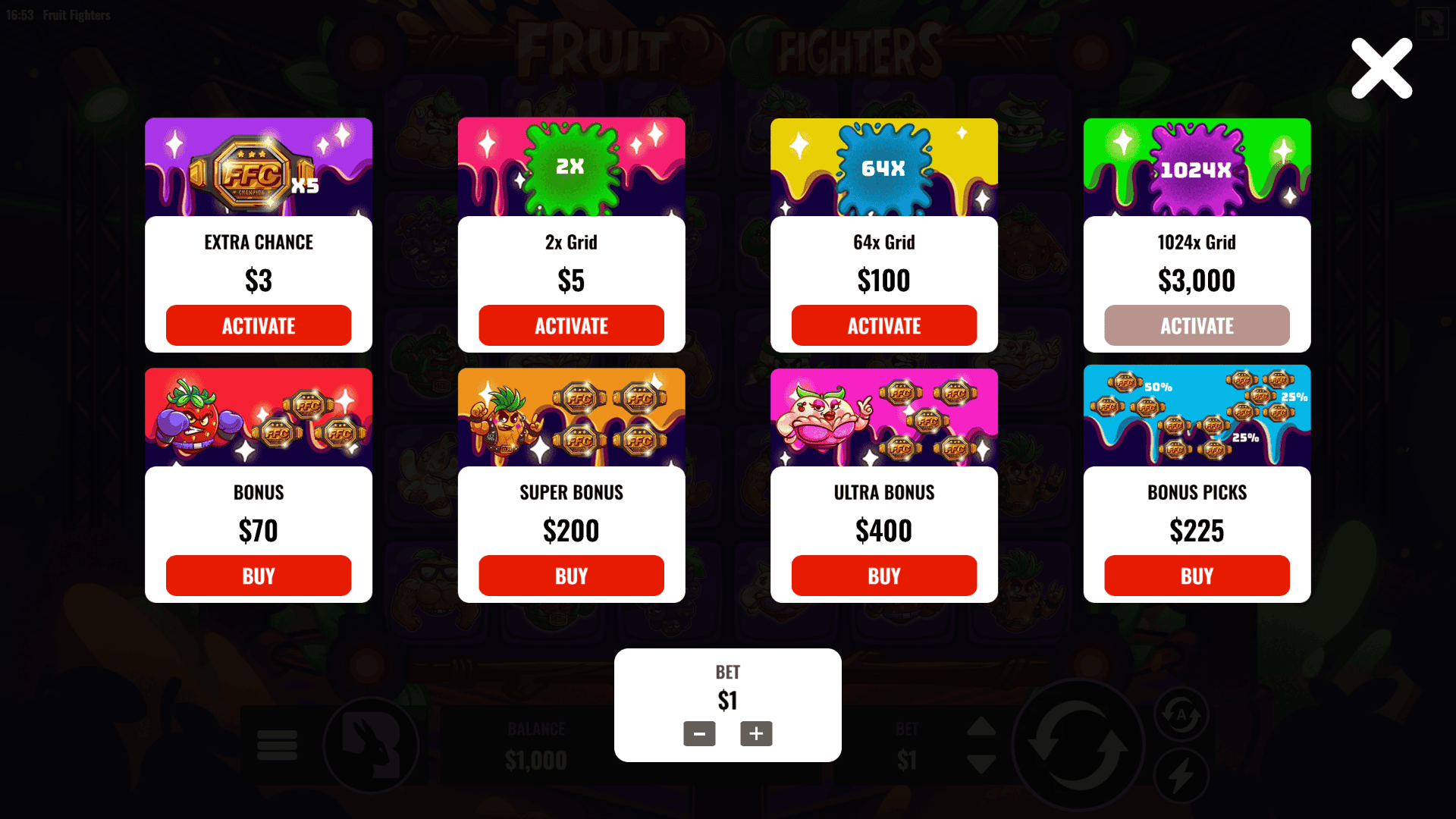 Fruit Fighters bonus buy menu