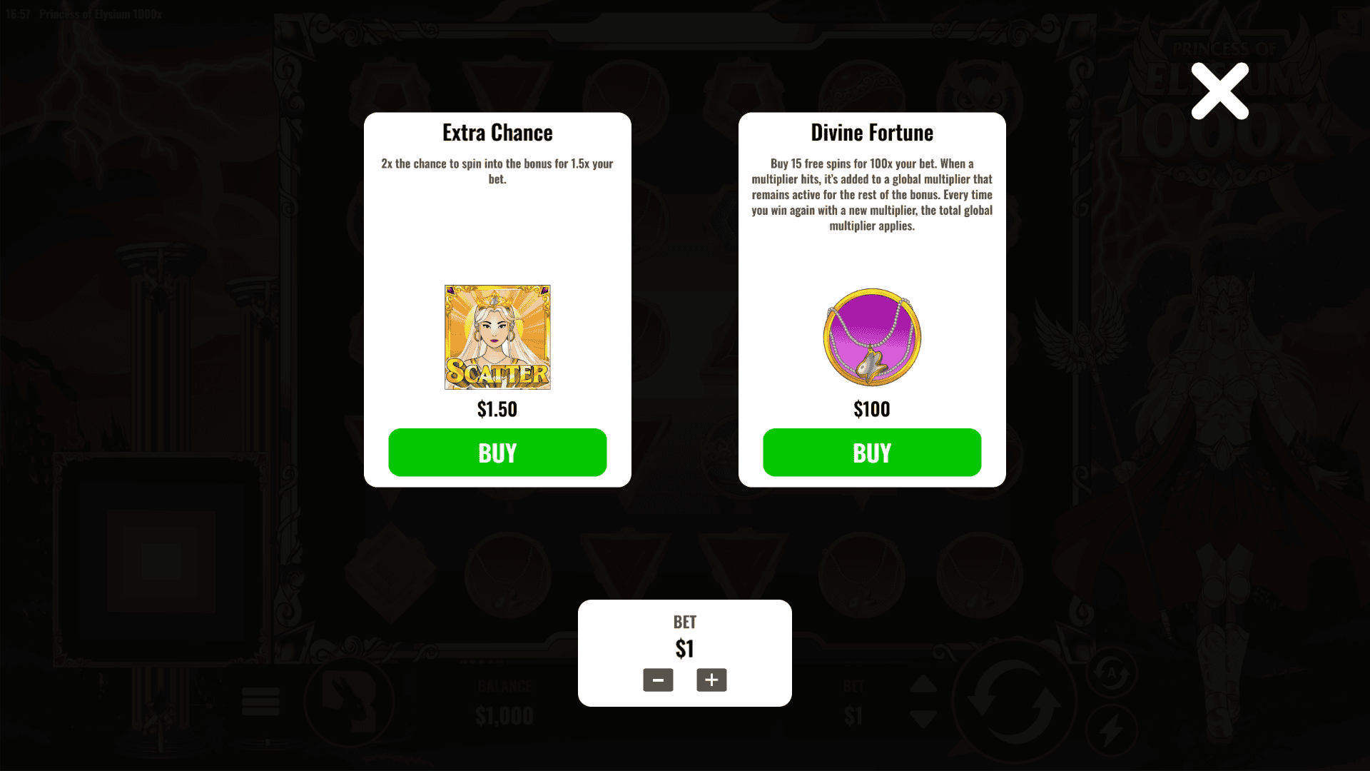 Princess of Elysium 1000x bonus buy menu