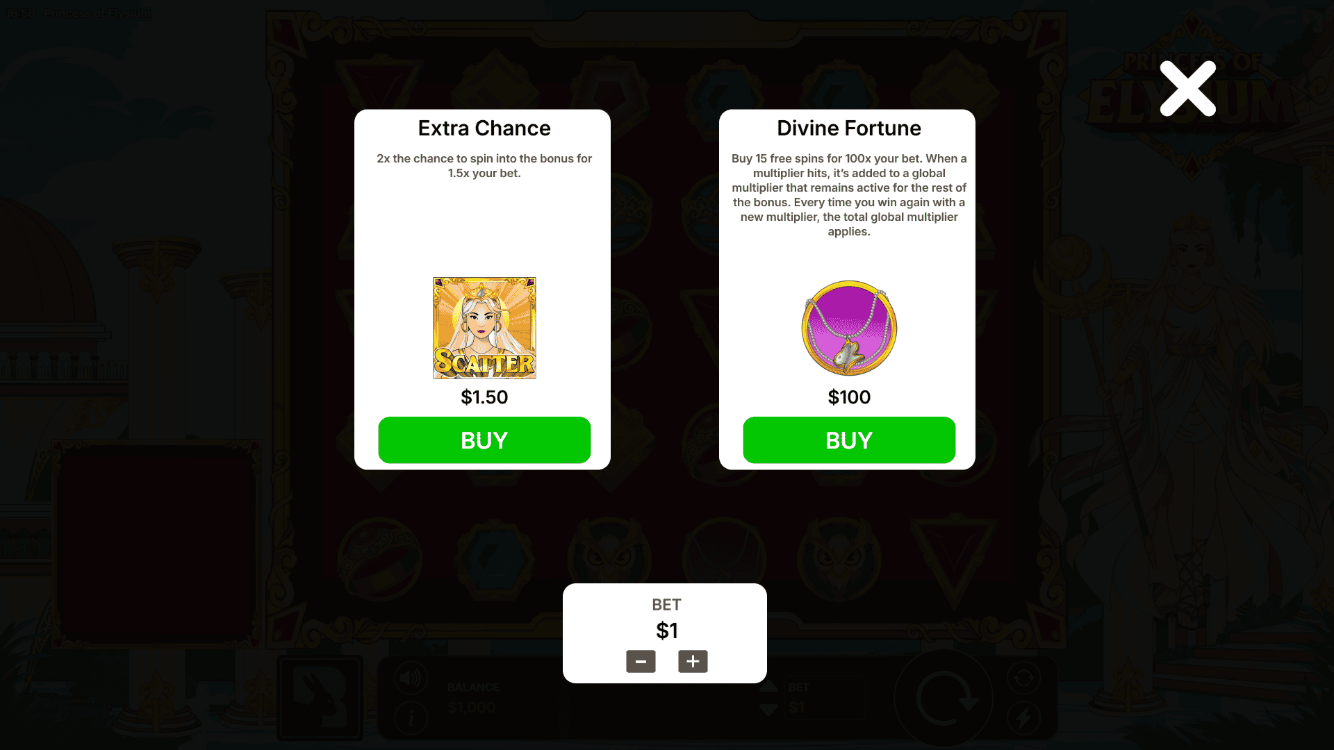 Princess of Elysium bonus buy menu