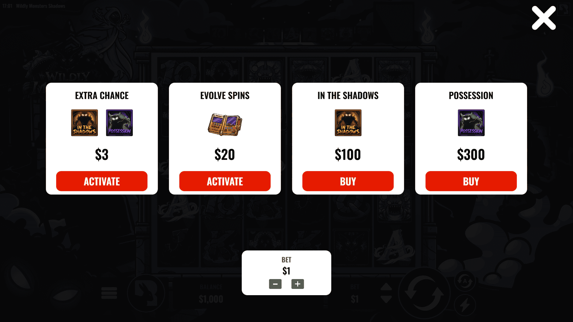 Wildly Monsters: Shadows bonus buy menu