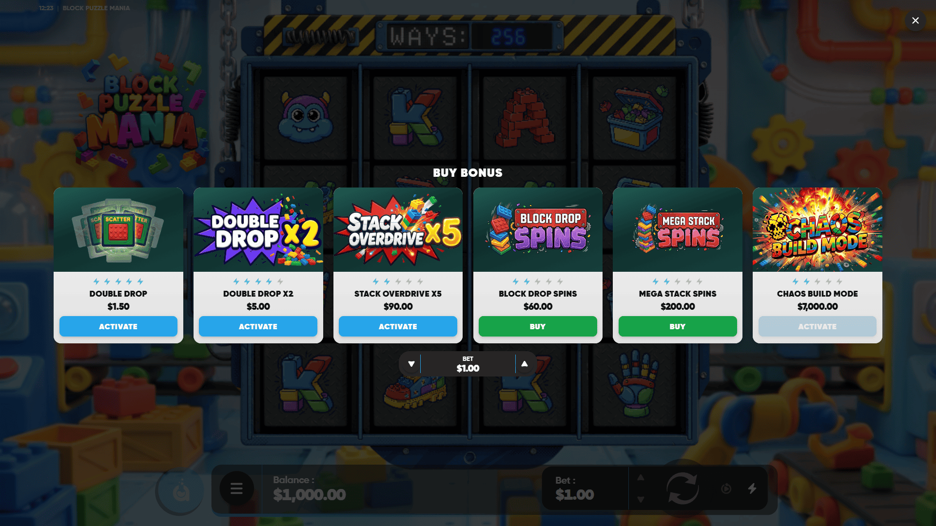 Block Puzzle Mania bonus buy menu