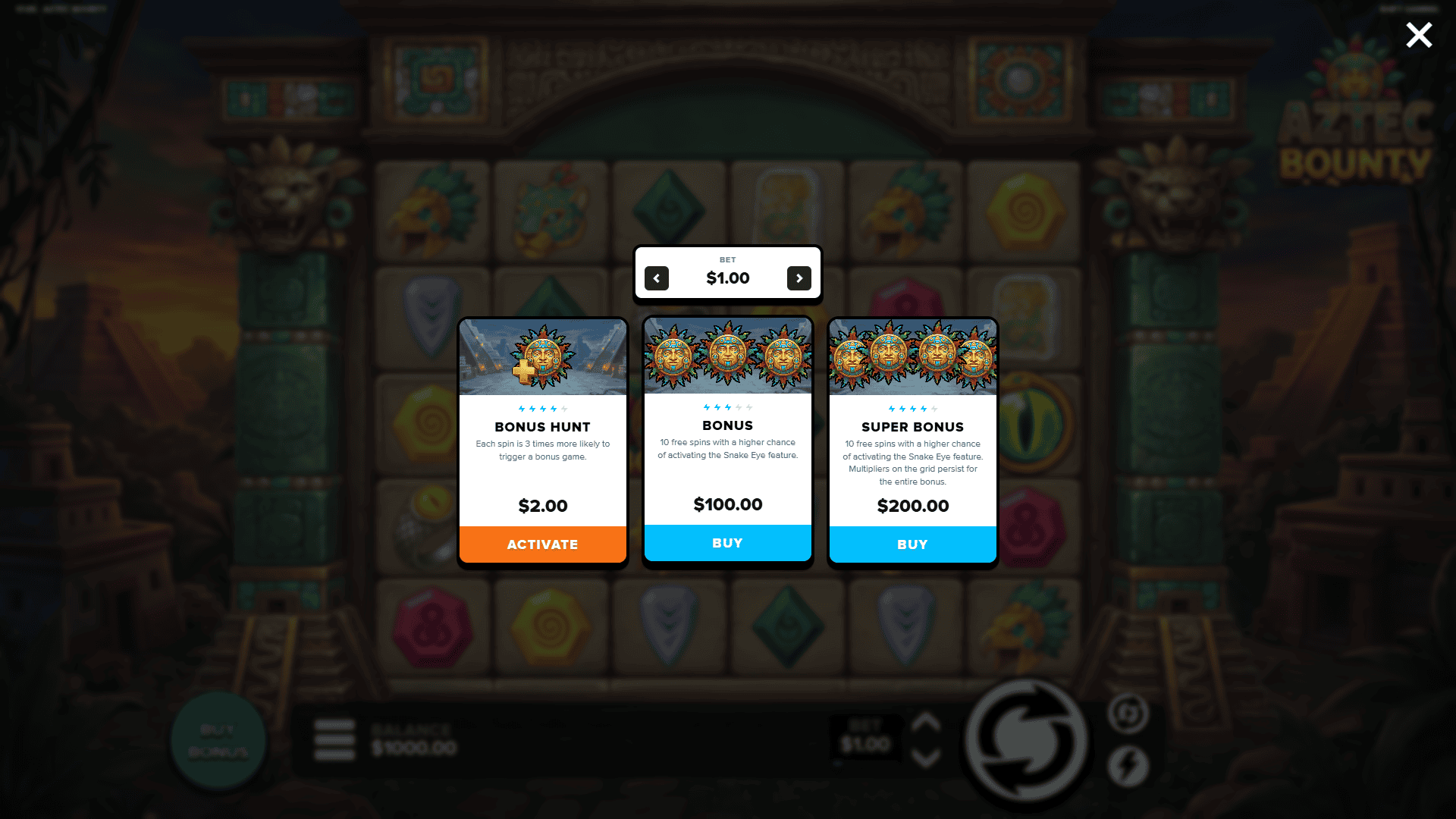 Aztec Bounty bonus buy menu