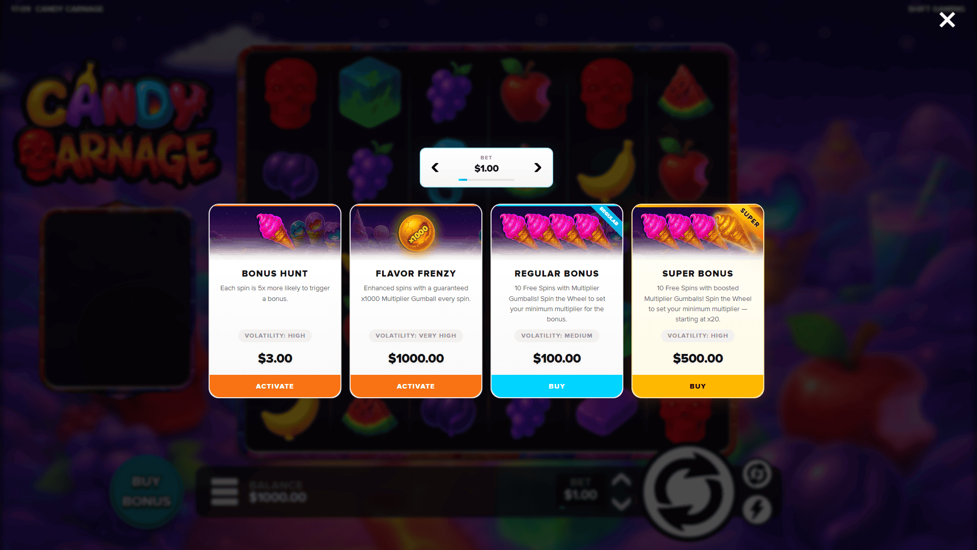 Candy Carnage bonus buy menu