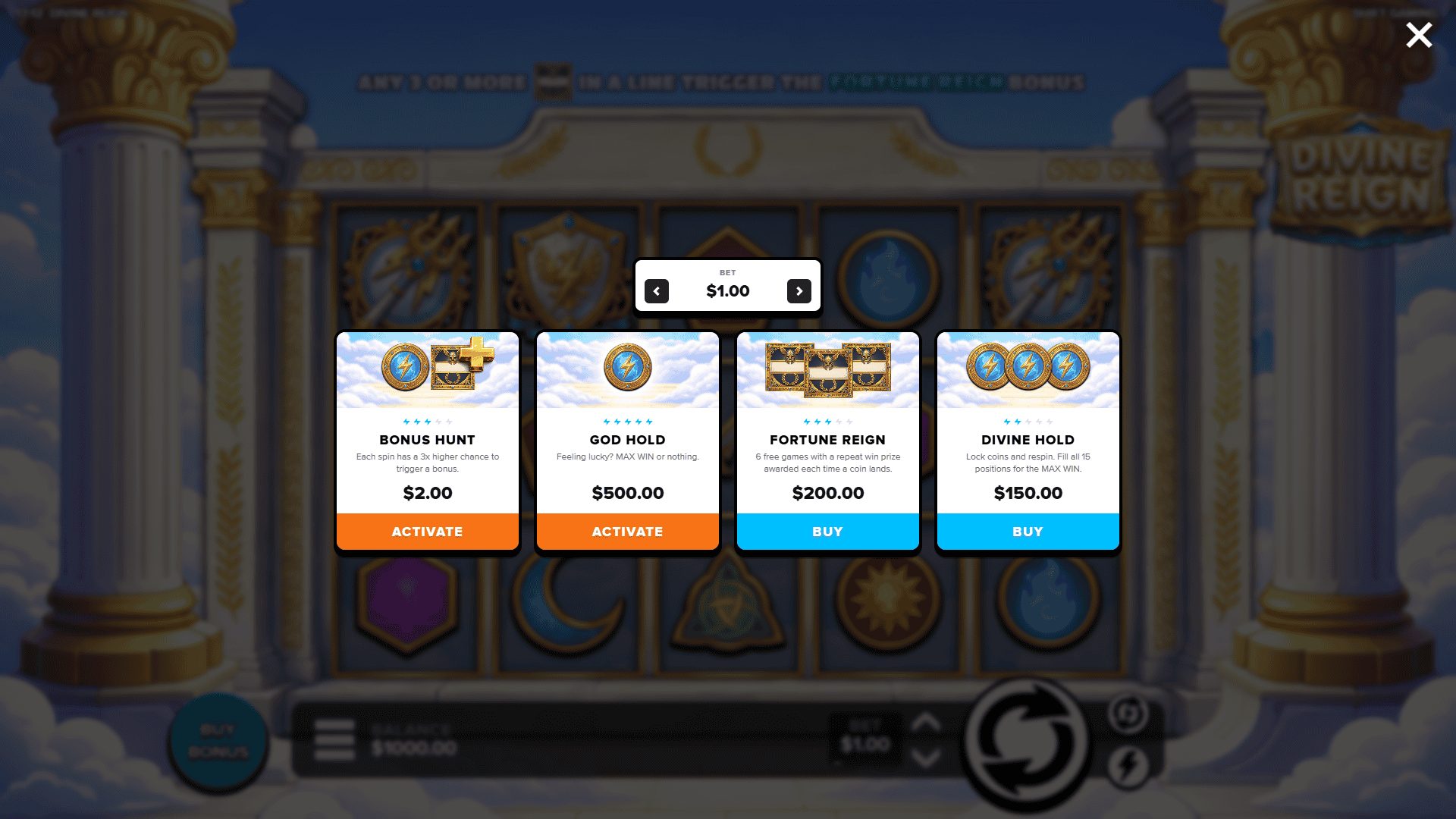 Divine Reign bonus buy menu