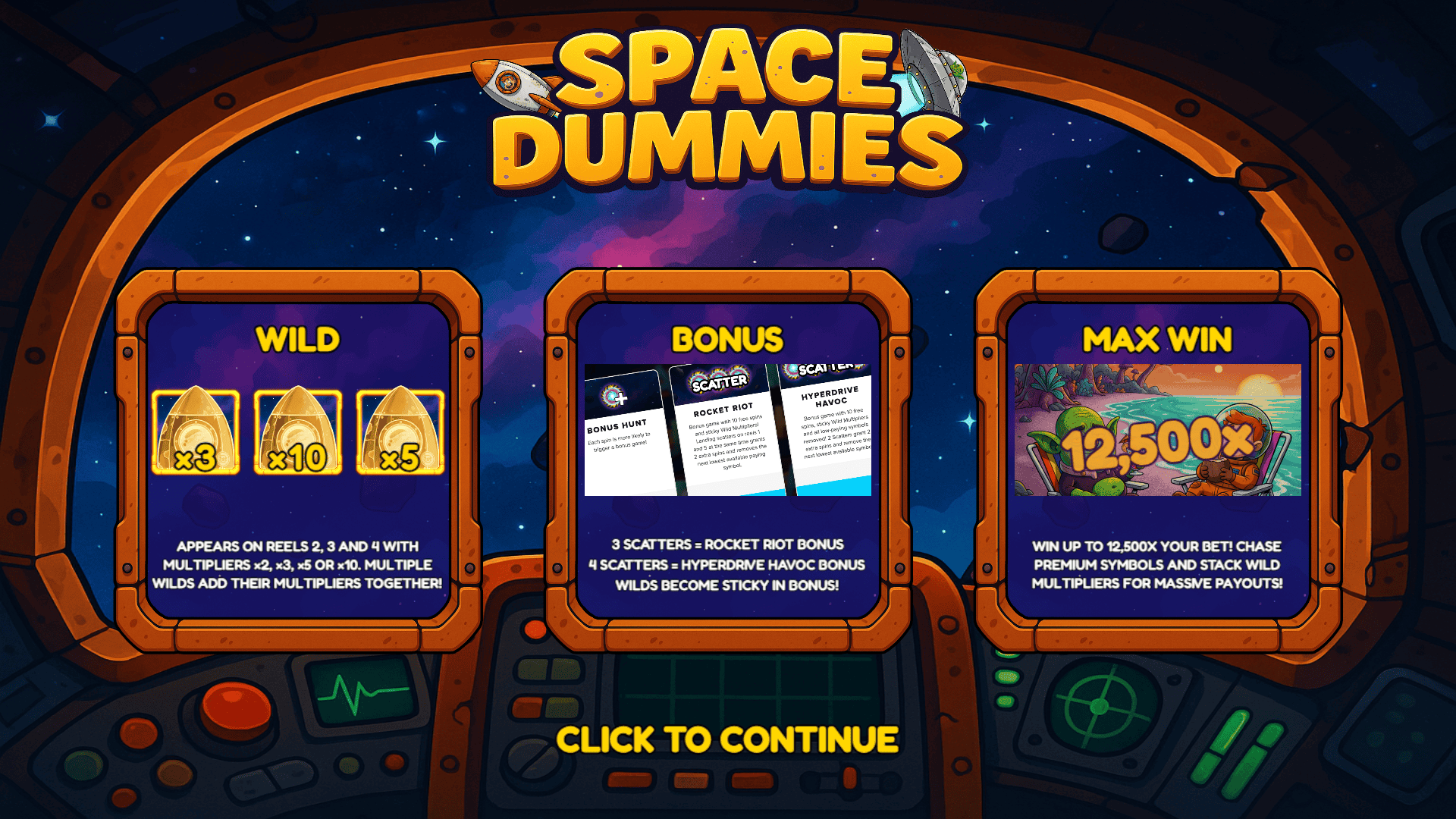 Space Dummies slot intro screen