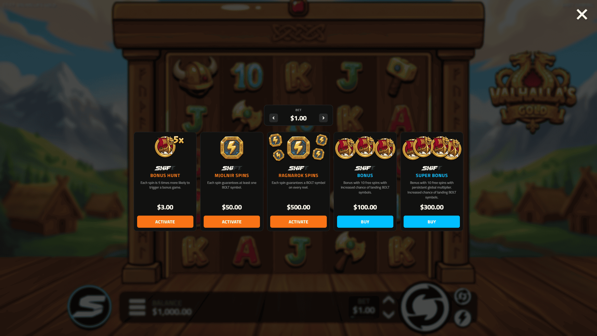 Valhallas Gold bonus buy menu