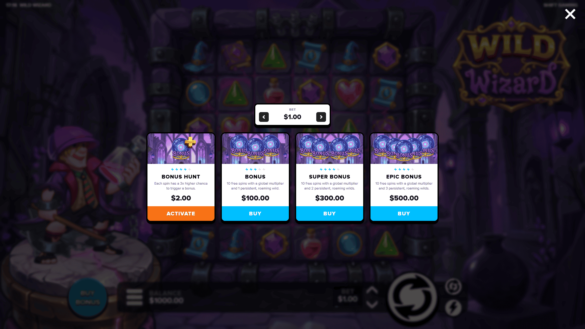 Wild Wizard bonus buy menu