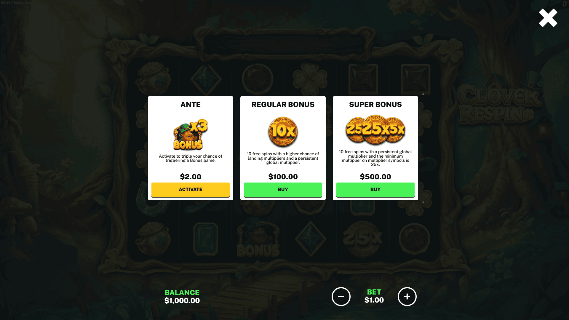 Clover Respin bonus buy menu