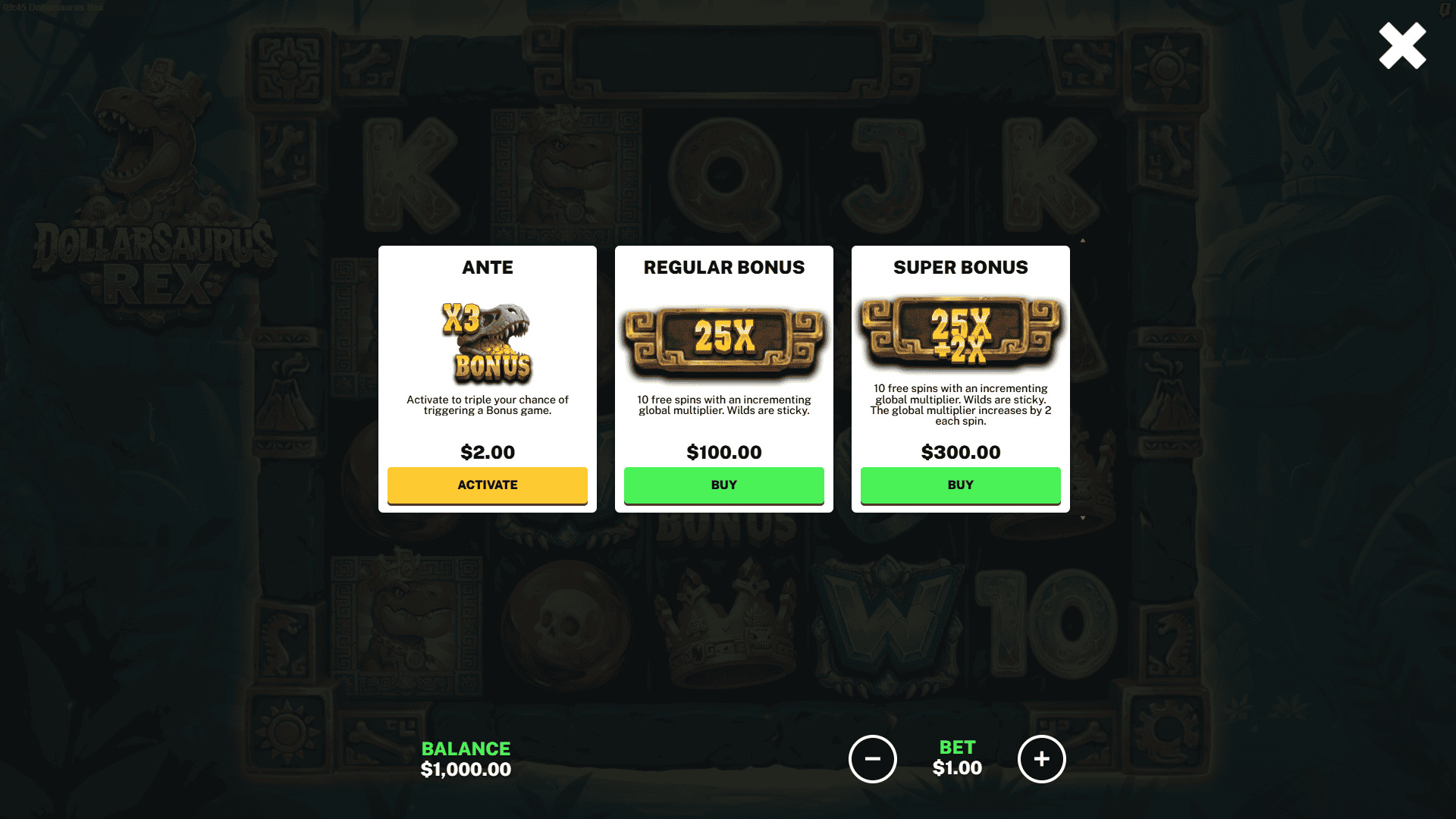 Dollarsaurus Rex bonus buy menu
