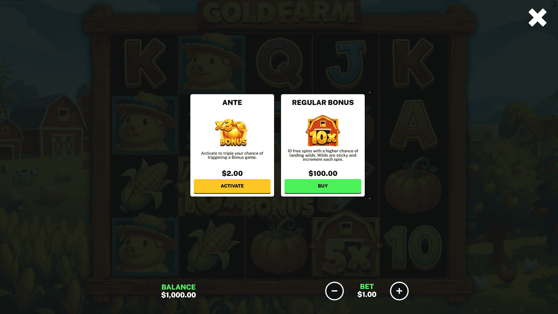 Farm Up bonus buy menu