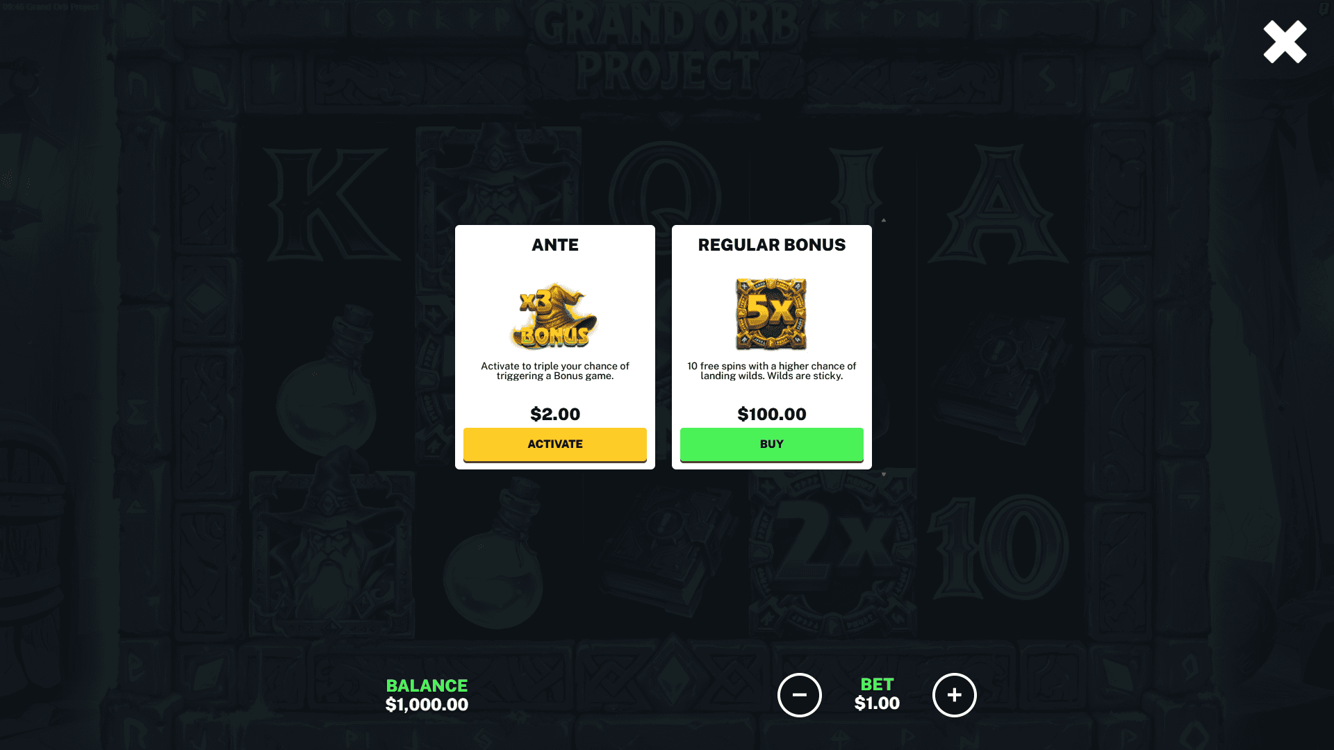 Grand Orb Project bonus buy menu