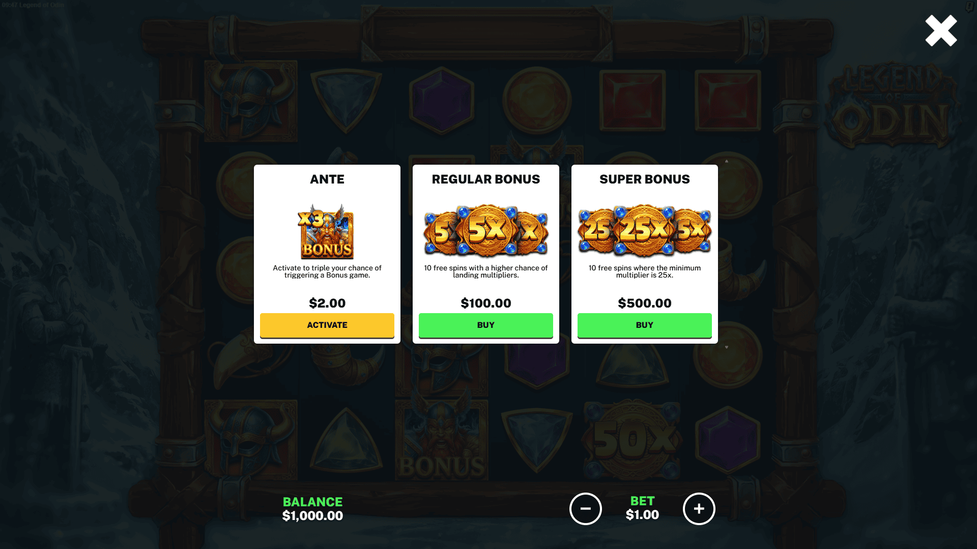 Legend of Odin bonus buy menu