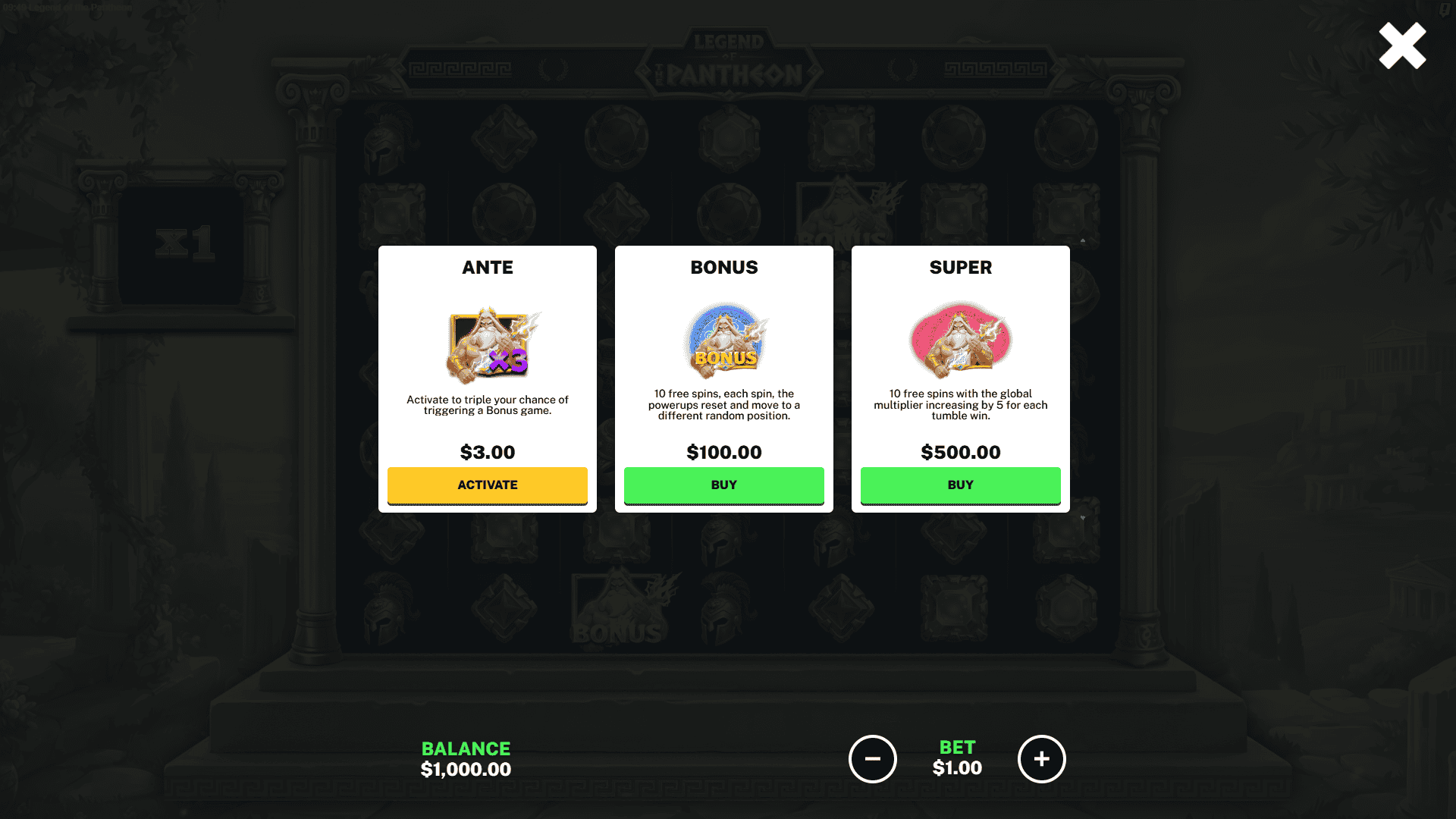Legend of the Pantheon bonus buy menu