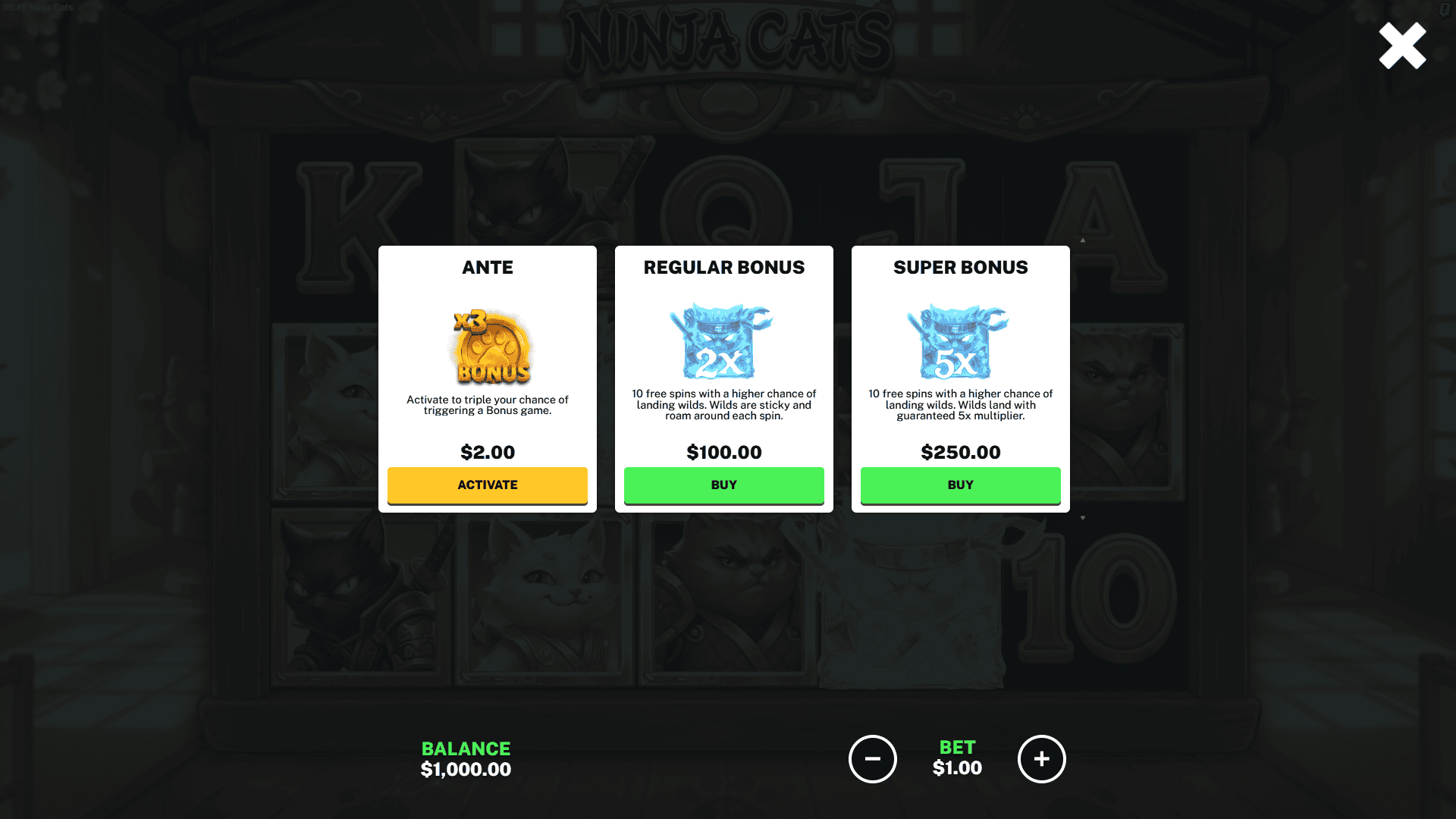 Ninja Cats bonus buy menu