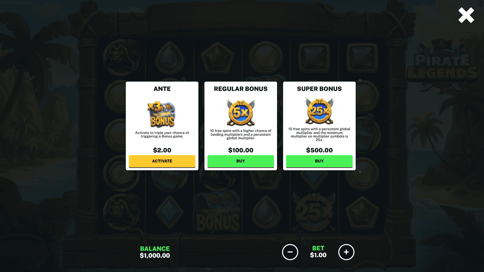 Pirate Legends bonus buy menu