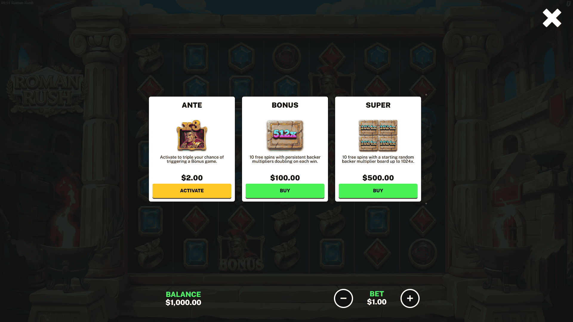 Roman Rush bonus buy menu