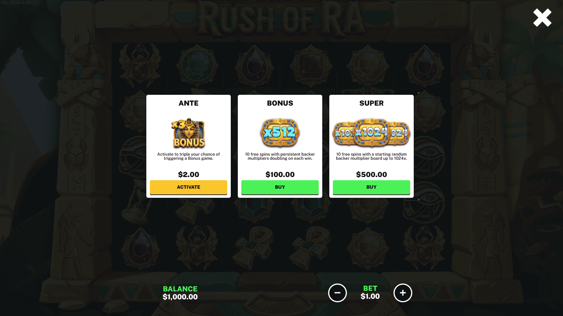 Rush of Ra bonus buy menu