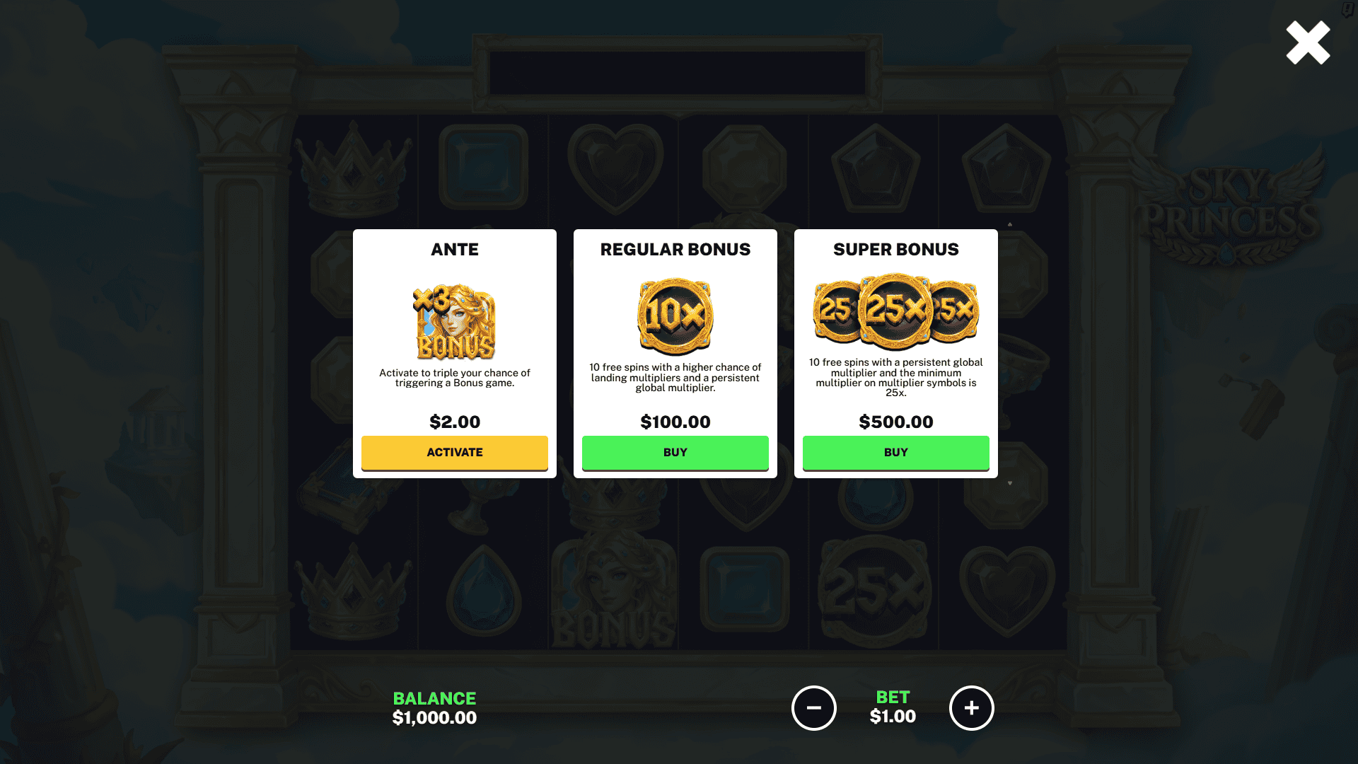 Sky Princess bonus buy menu