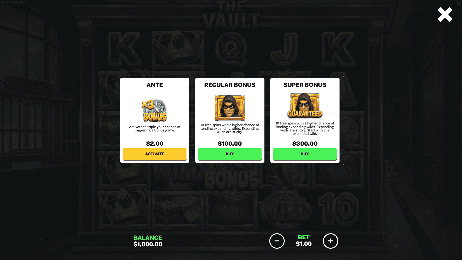 The Vault bonus buy menu