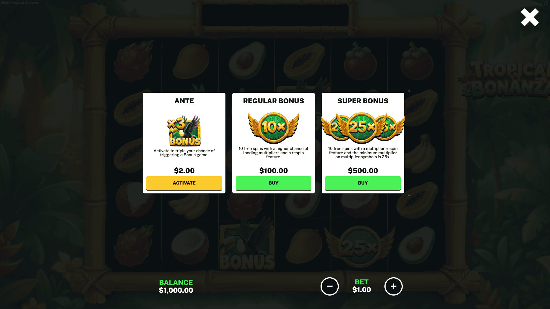 Tropical Bonanza bonus buy menu