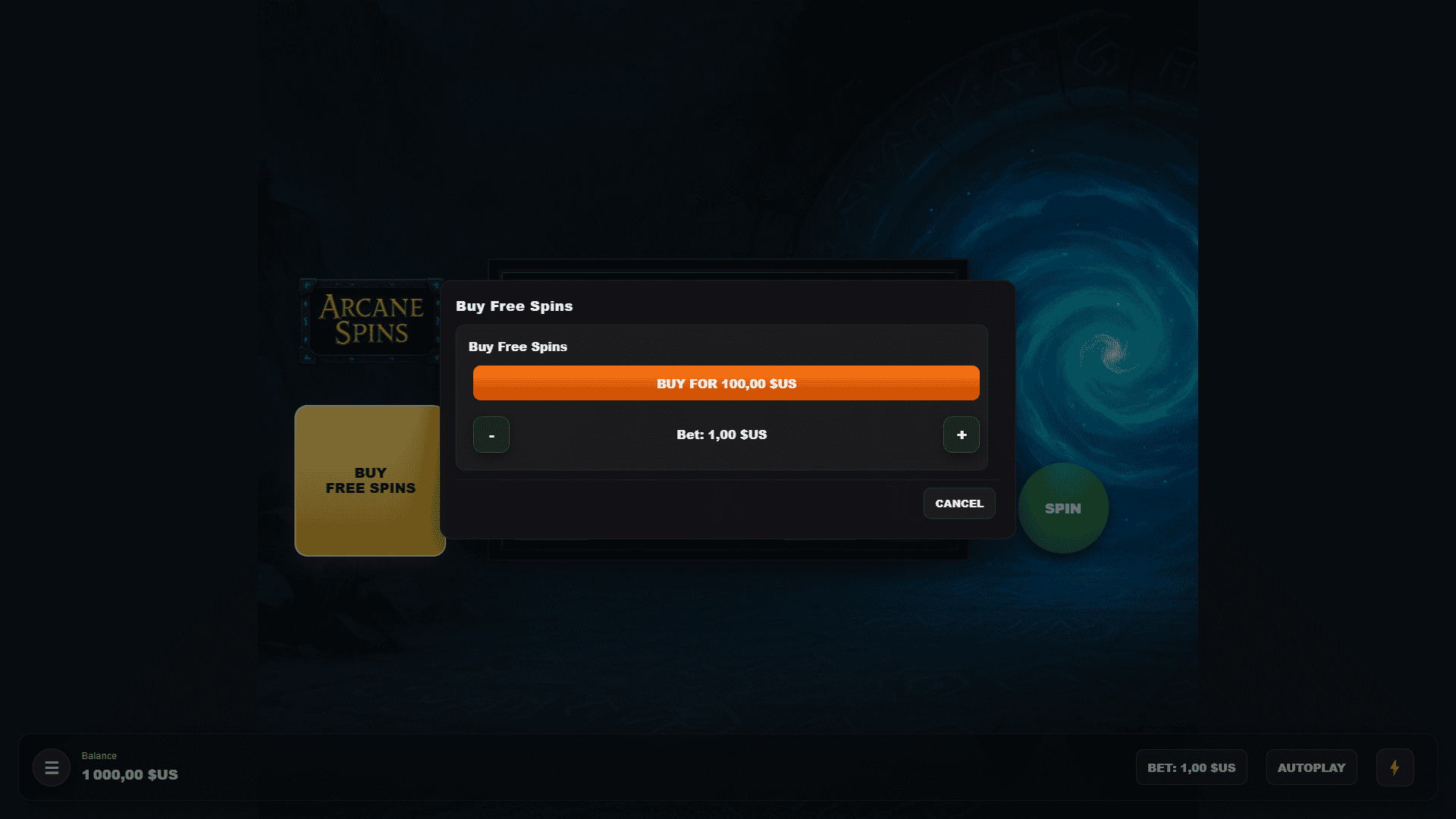 Arcane Spins bonus buy menu
