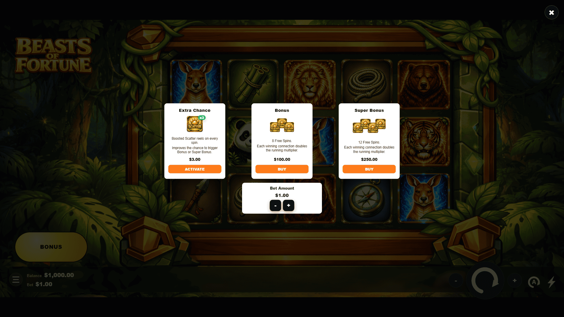 Beasts Of Fortune bonus buy menu