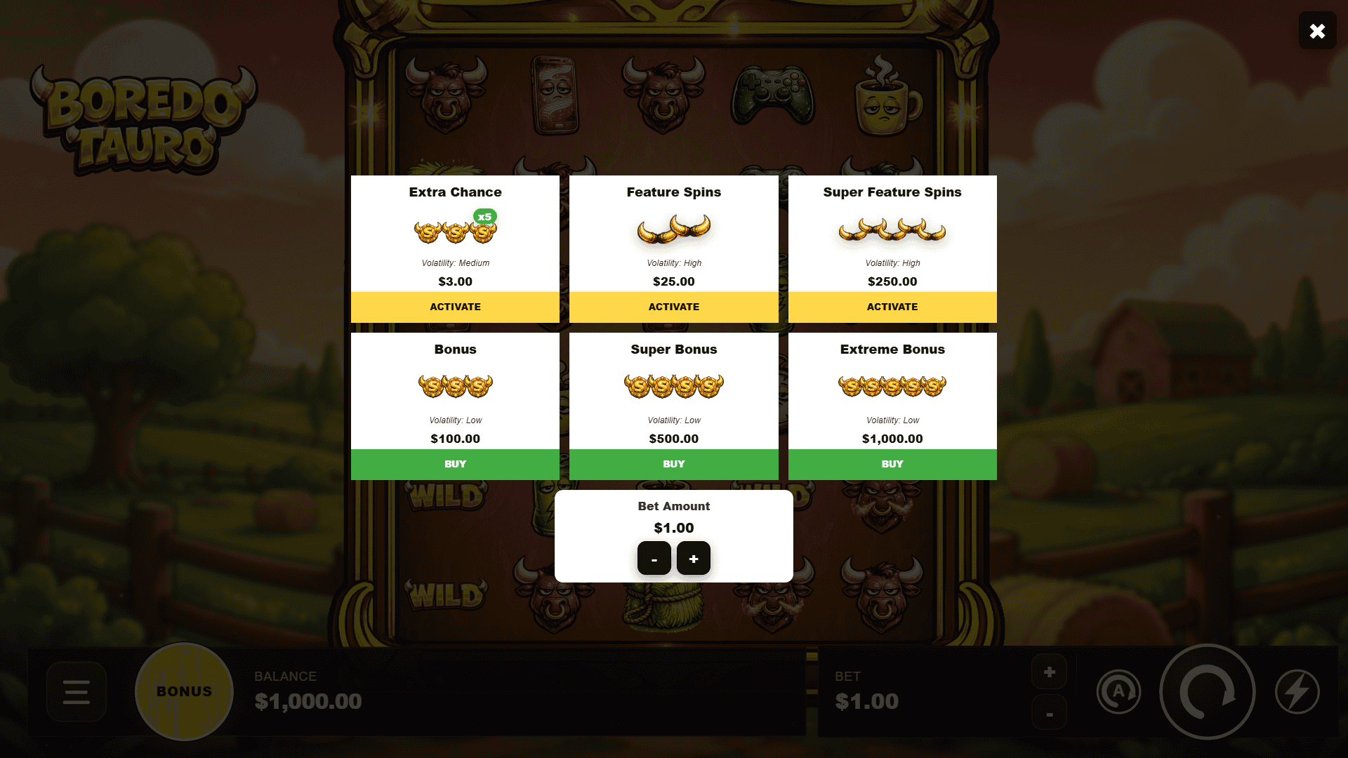 Boredo Tauro bonus buy menu