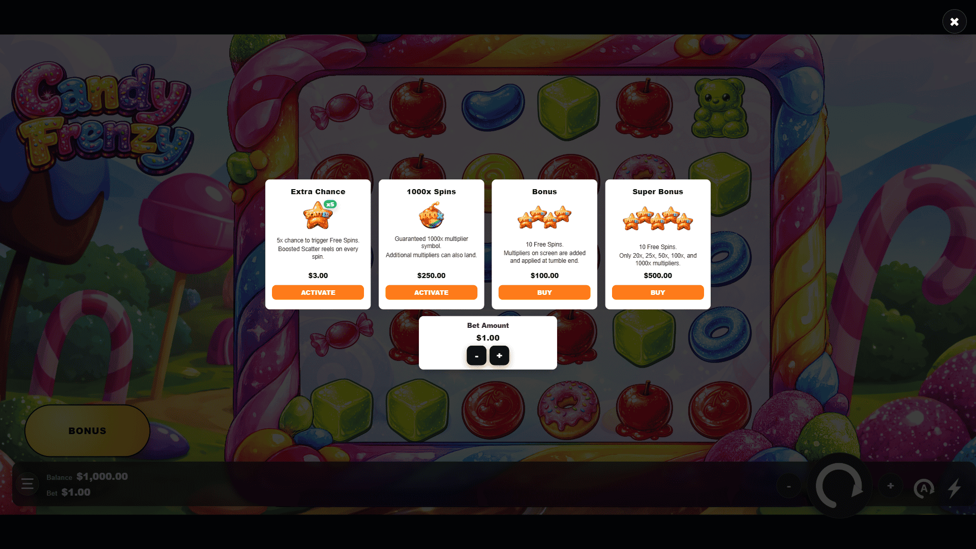 Candy Frenzy bonus buy menu