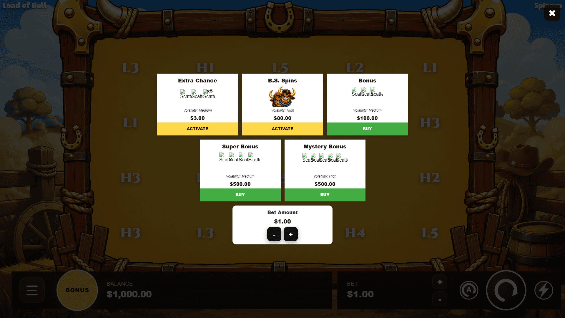 Load Of Bull bonus buy menu