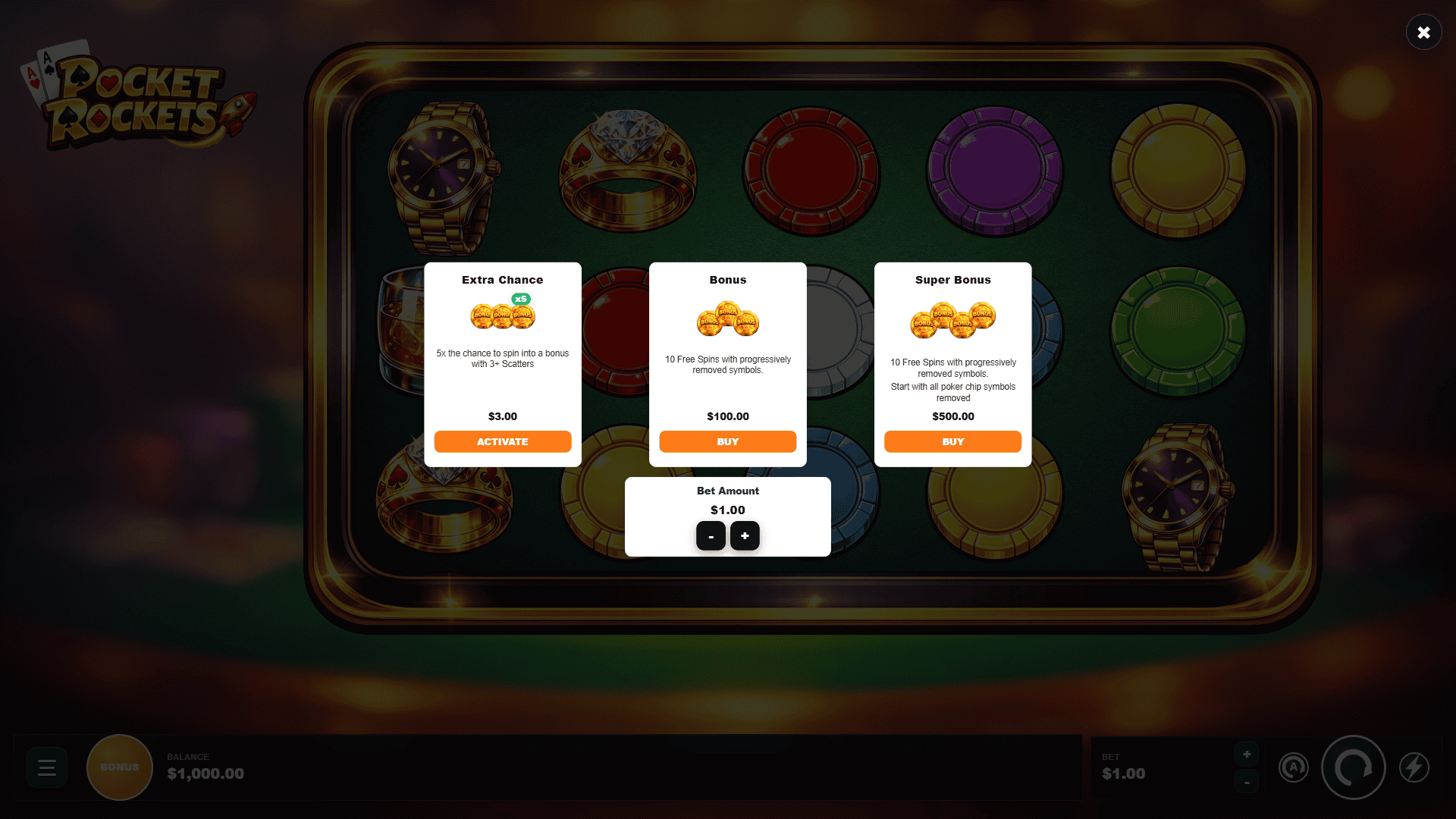 Pocket Rockets bonus buy menu