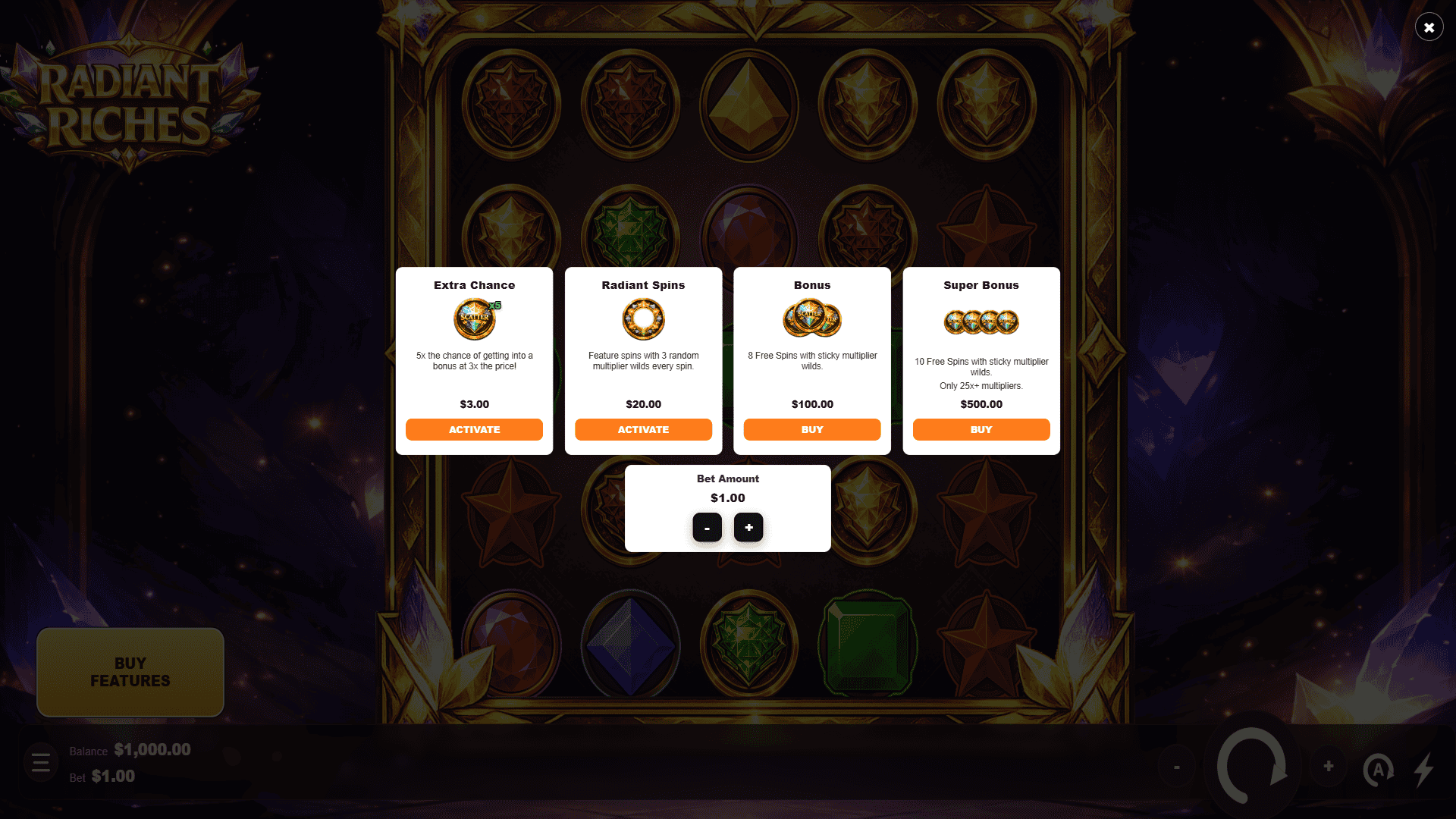 Radiant Riches bonus buy menu