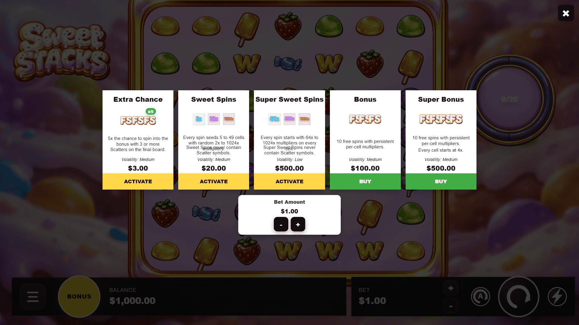 Sweet Stacks bonus buy menu