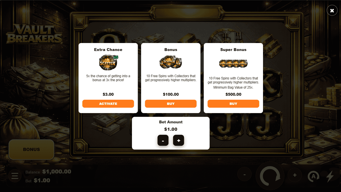 Vault Breakers bonus buy menu