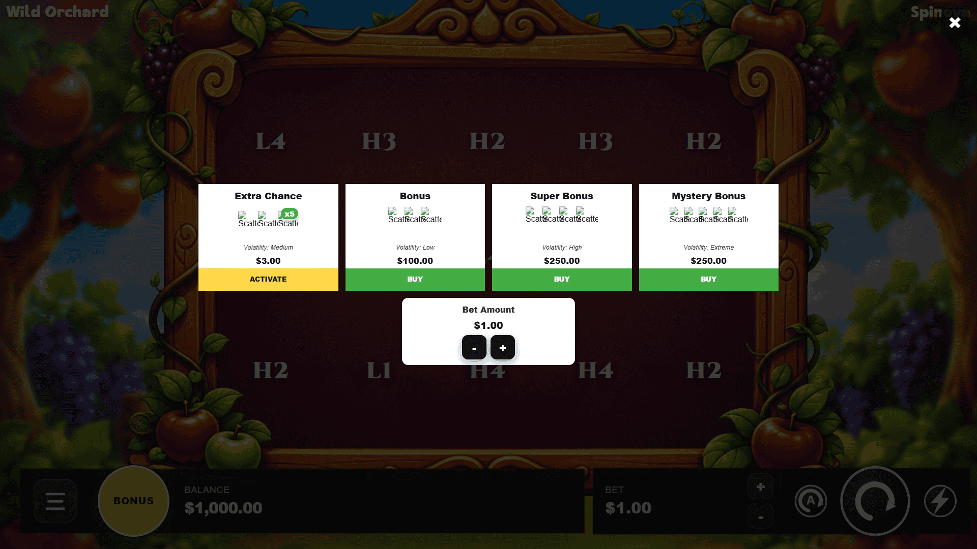 Wild Orchard bonus buy menu