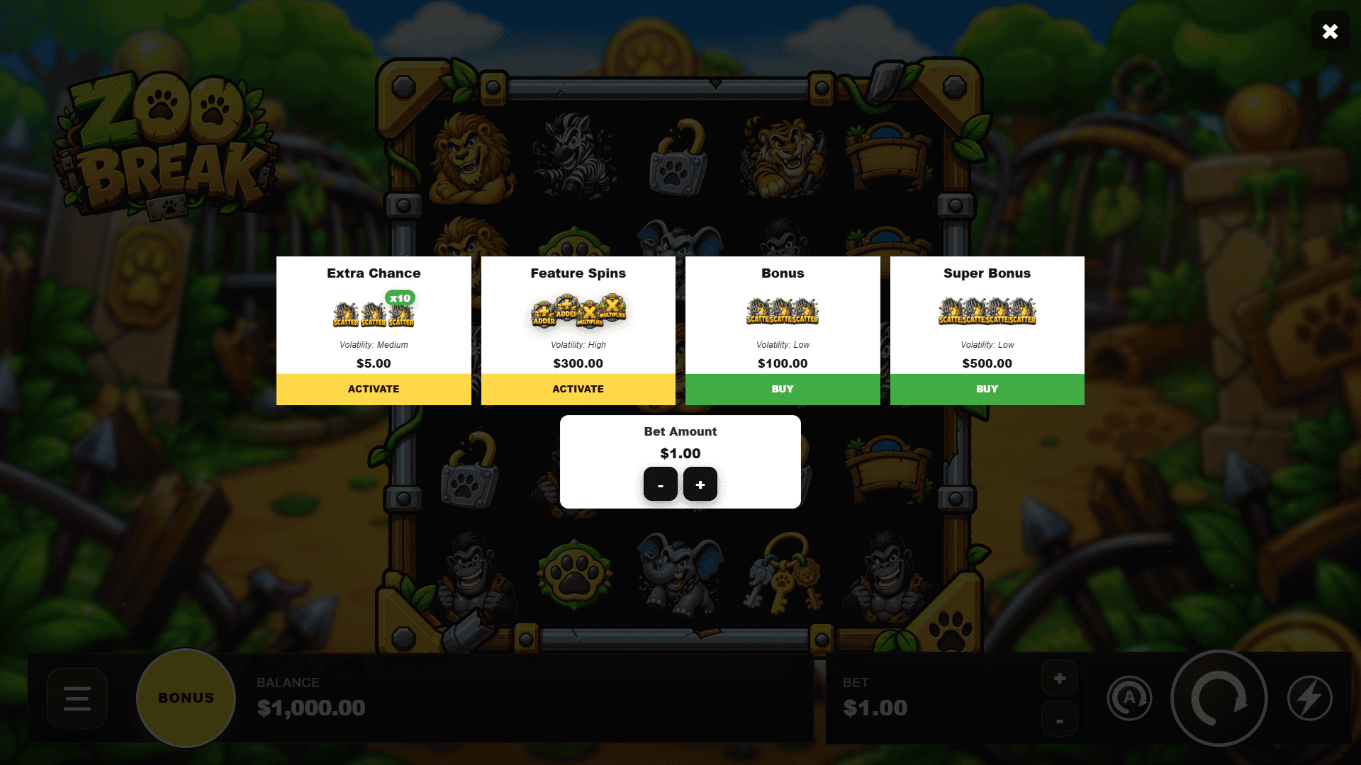 Zoo Break bonus buy menu