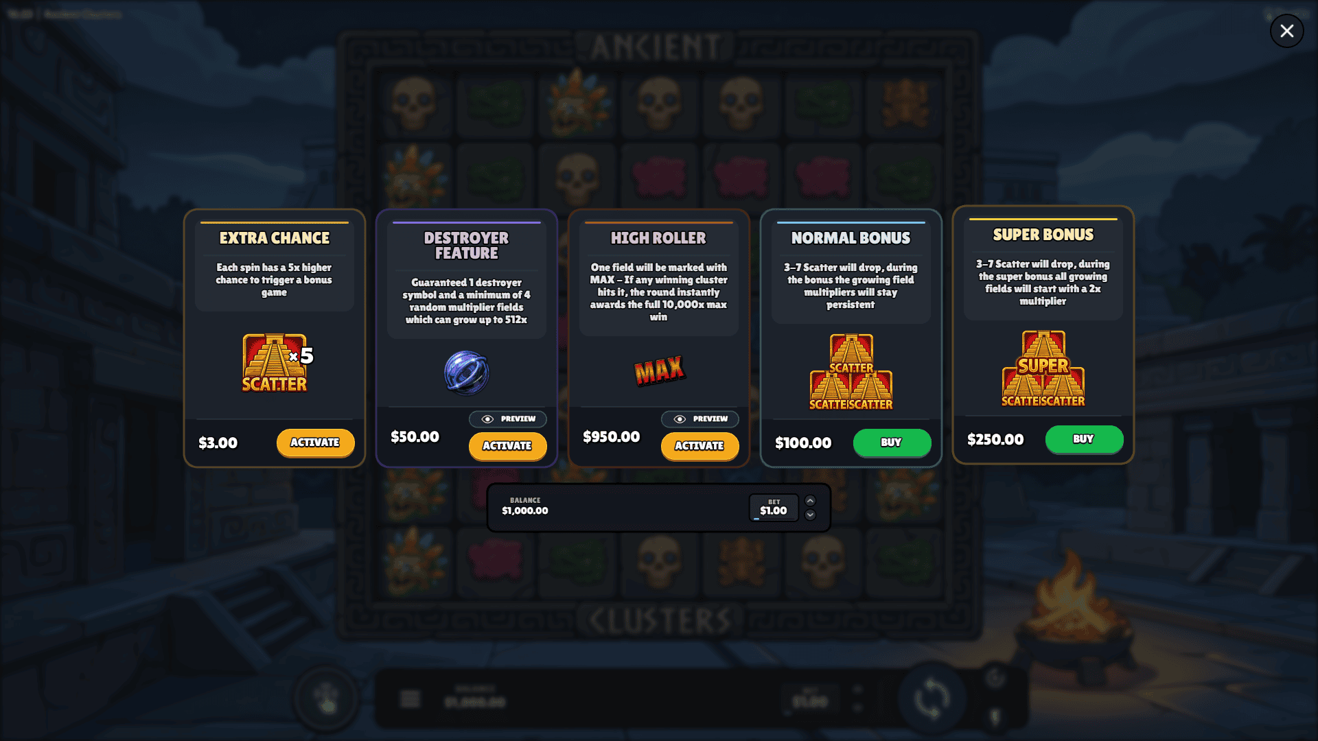 Ancient Clusters bonus buy menu