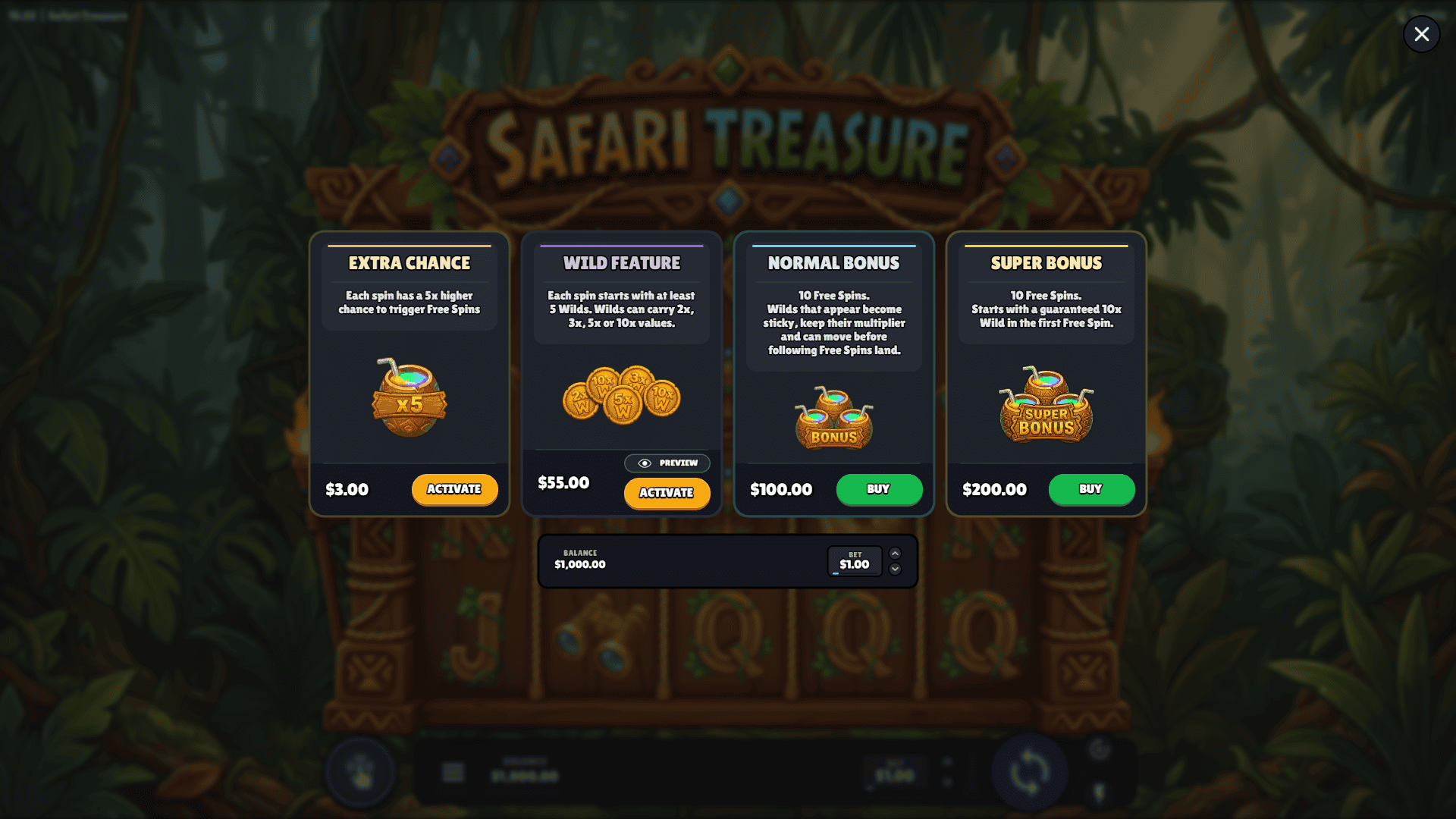 Safari Treasure bonus buy menu