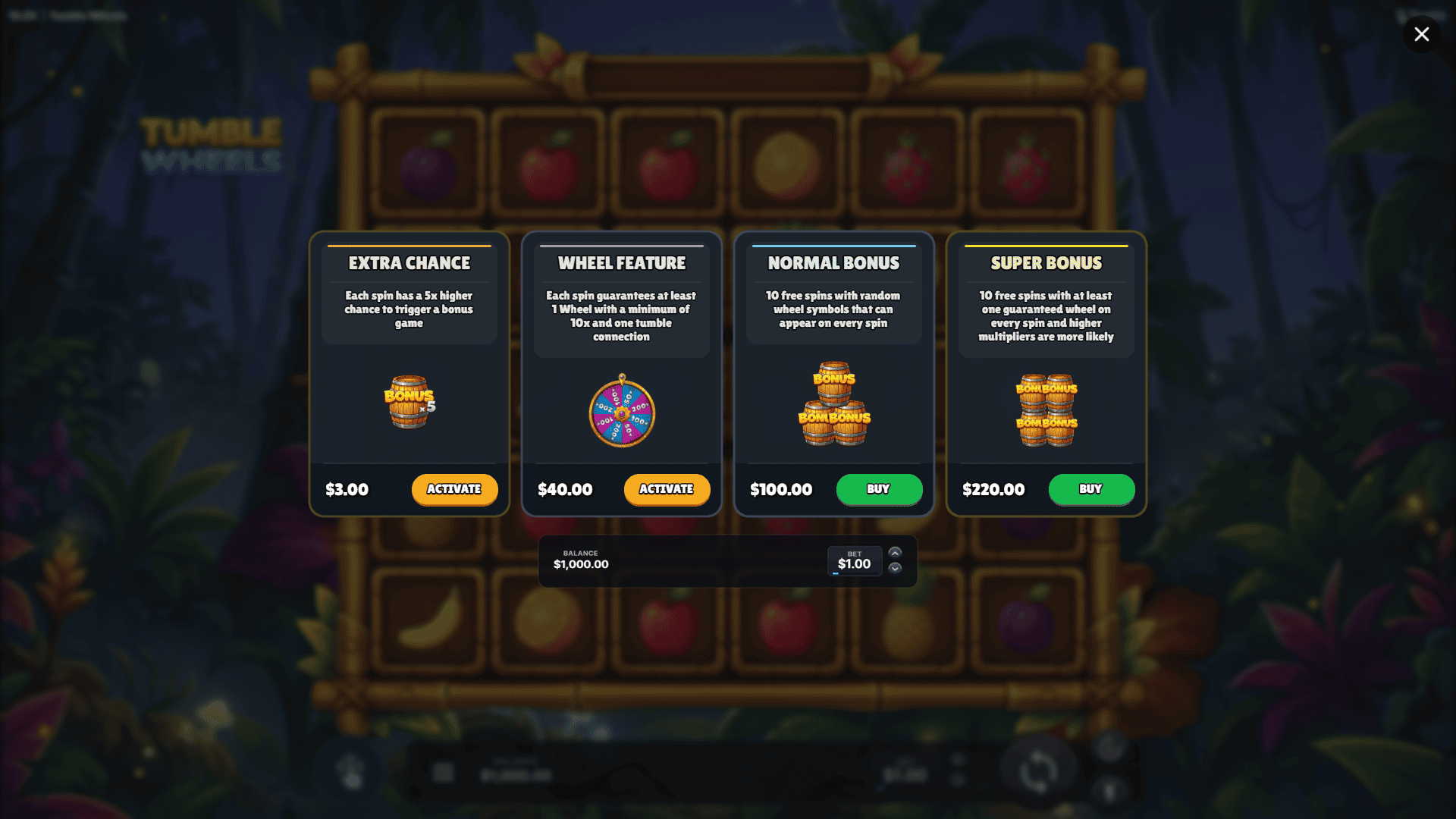 Tumble Wheels bonus buy menu
