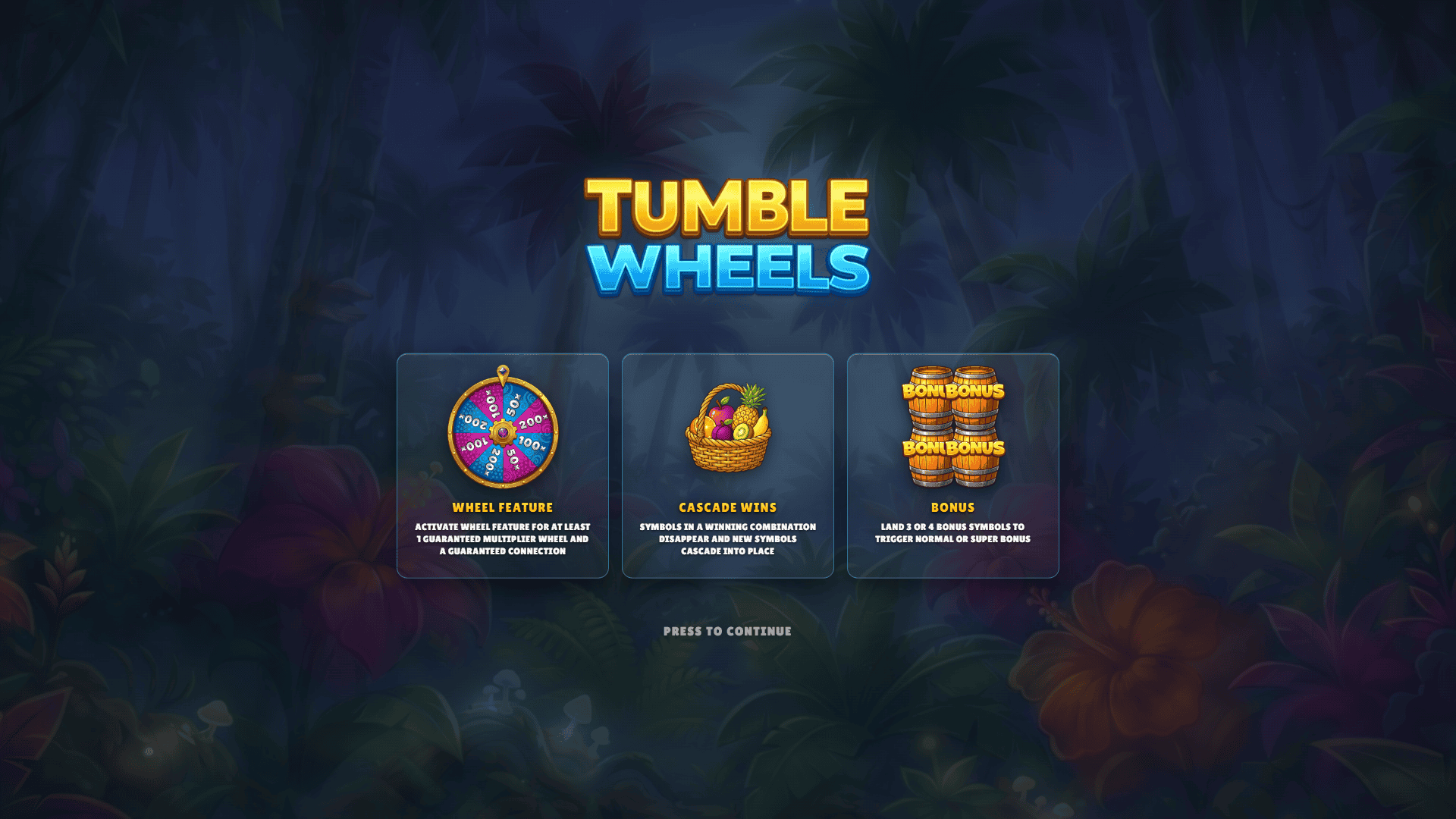 Tumble Wheels slot intro screen