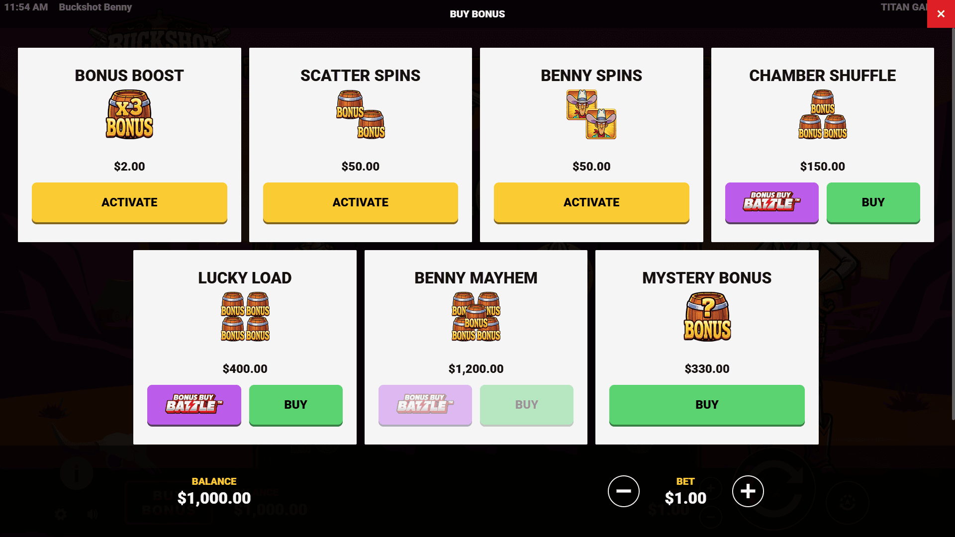 Buckshot Benny bonus buy menu