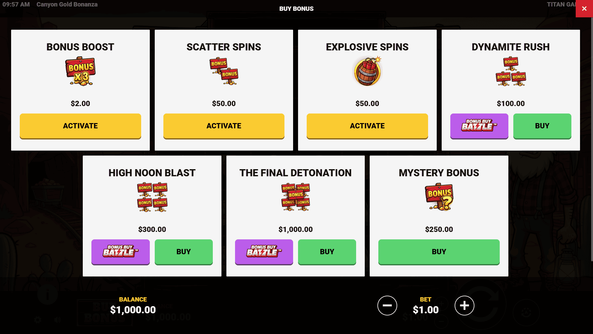Canyon Gold Bonanza bonus buy menu