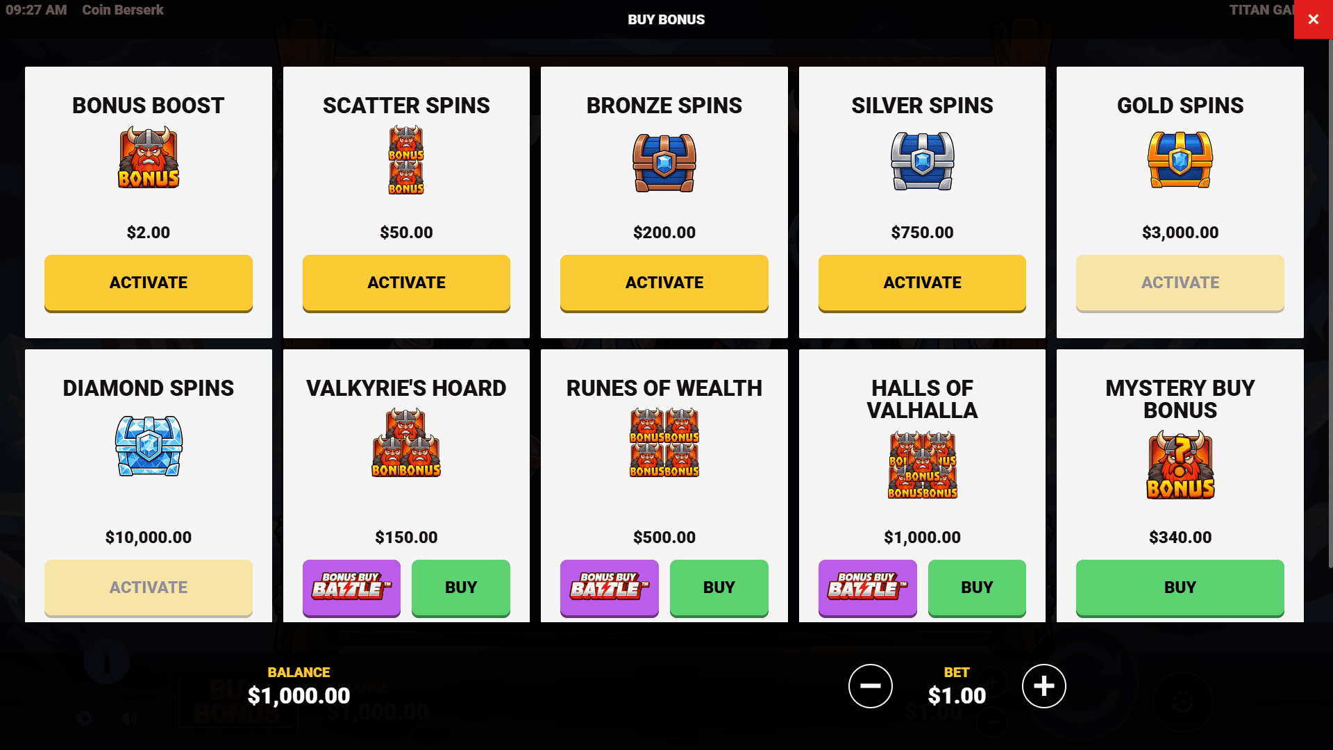 Coin Berserk bonus buy menu