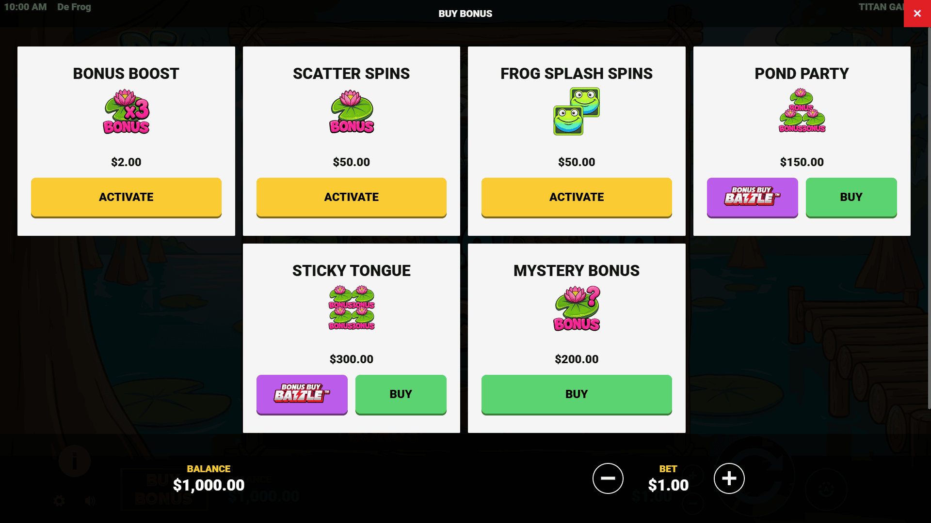 De Frog bonus buy menu