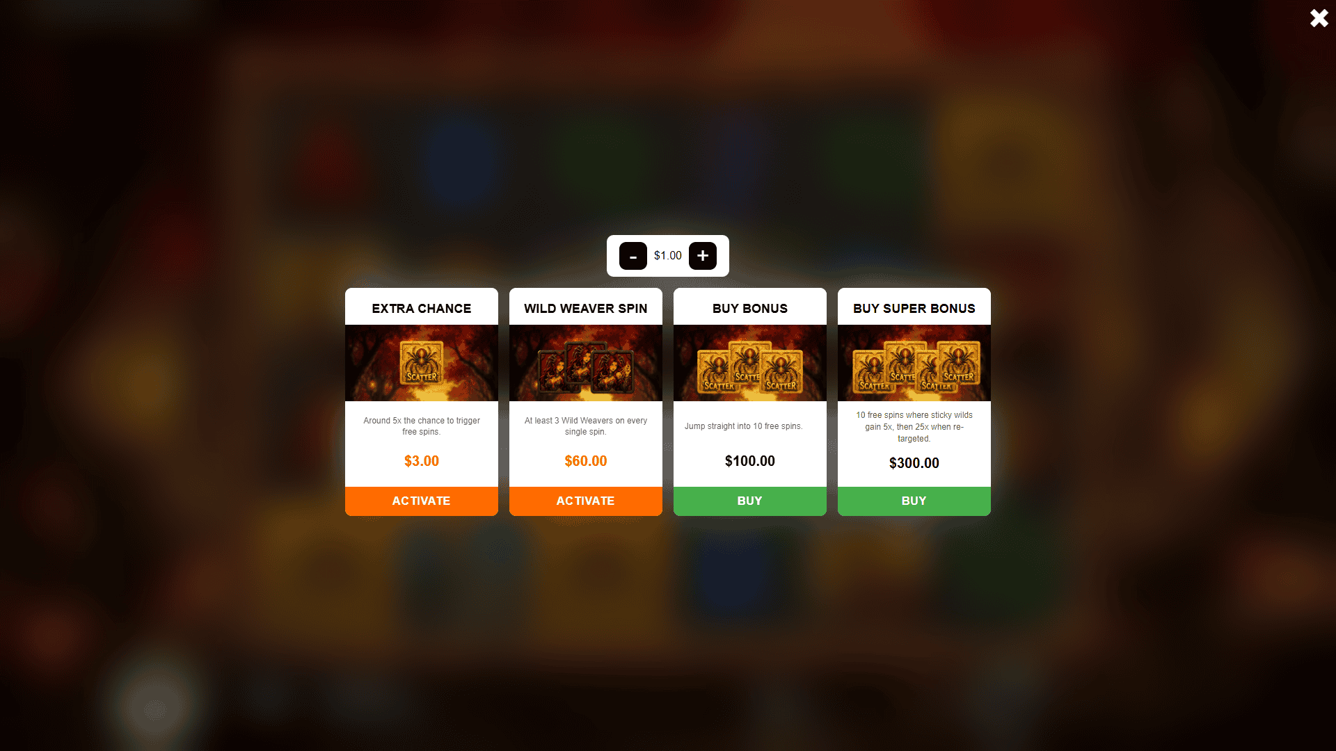 Wild Weaver bonus buy menu