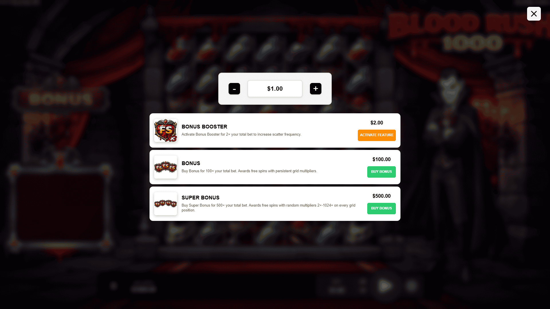 Blood Rush 1000 bonus buy menu