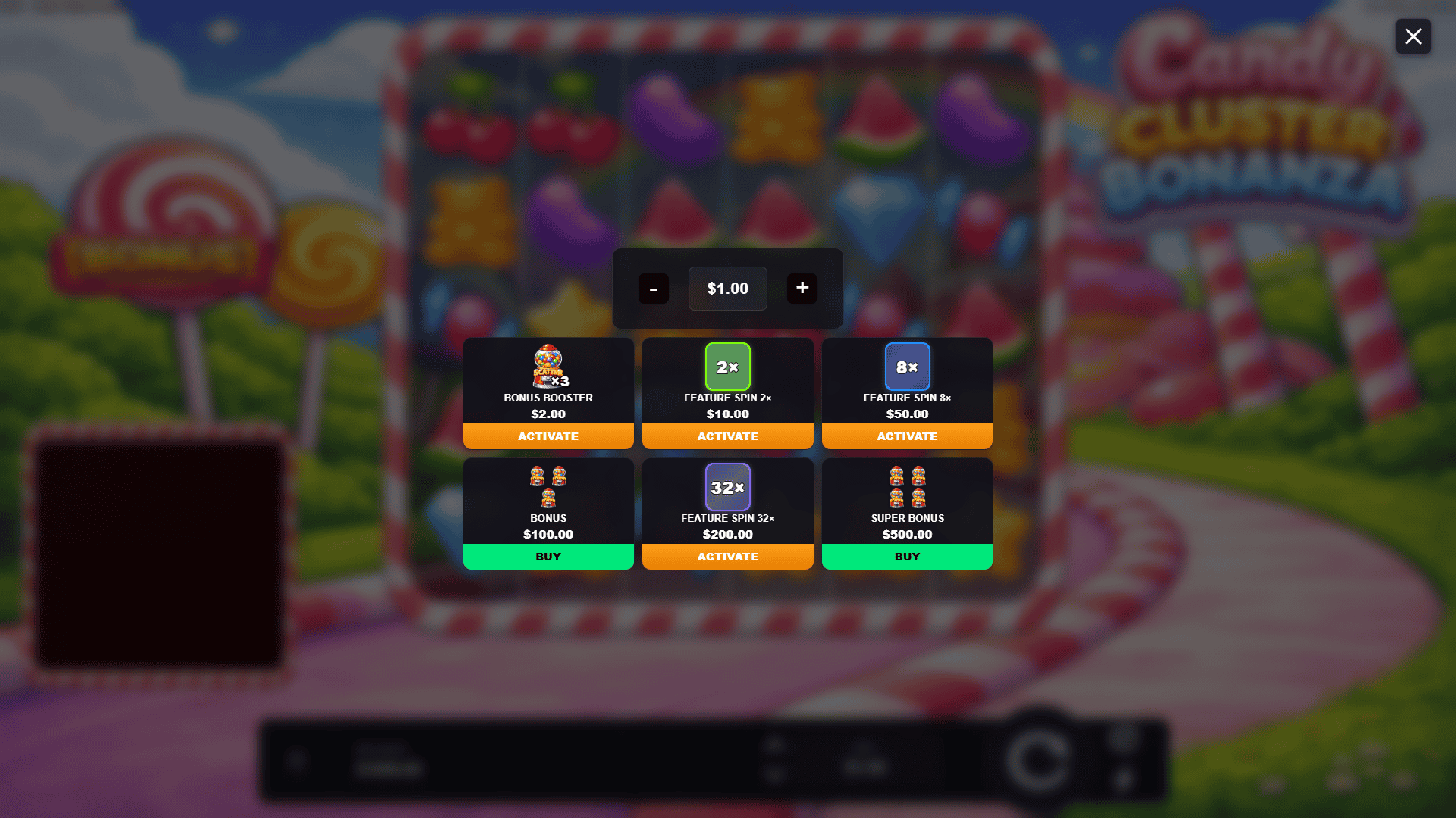 Candy Cluster Bonanza bonus buy menu