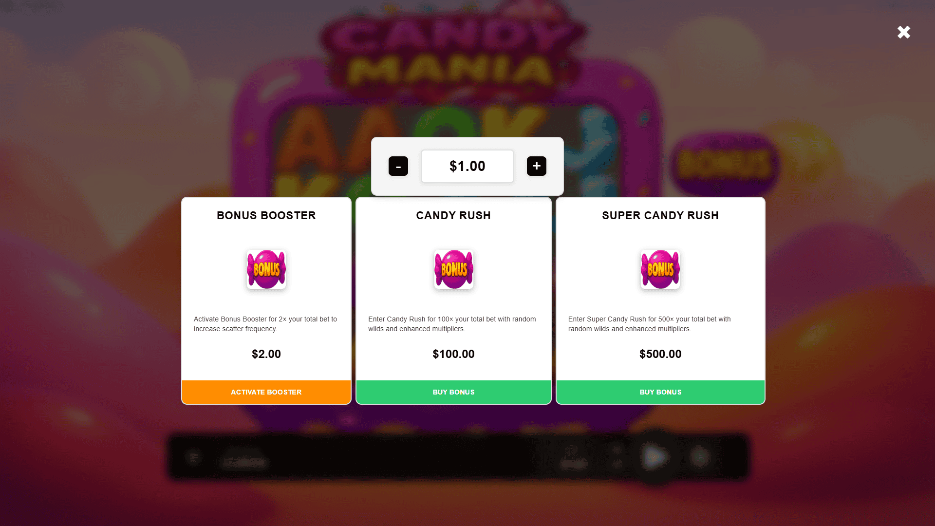 Candy Mania bonus buy menu