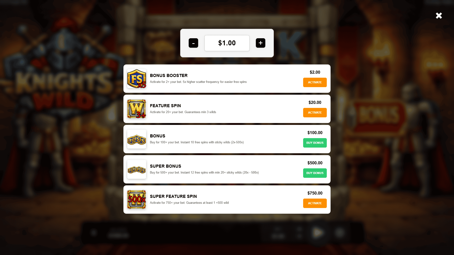 Knights Wild bonus buy menu
