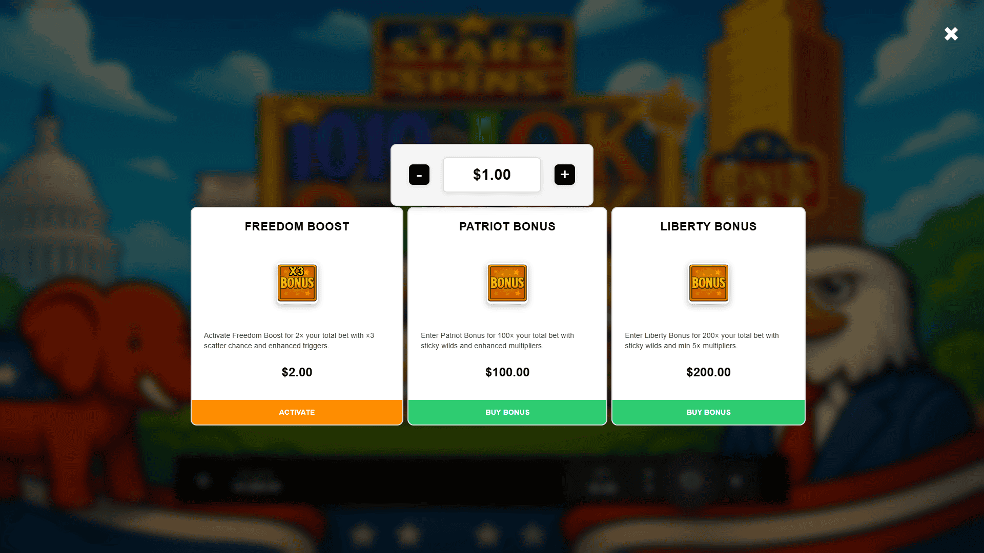 Stars And Spins bonus buy menu