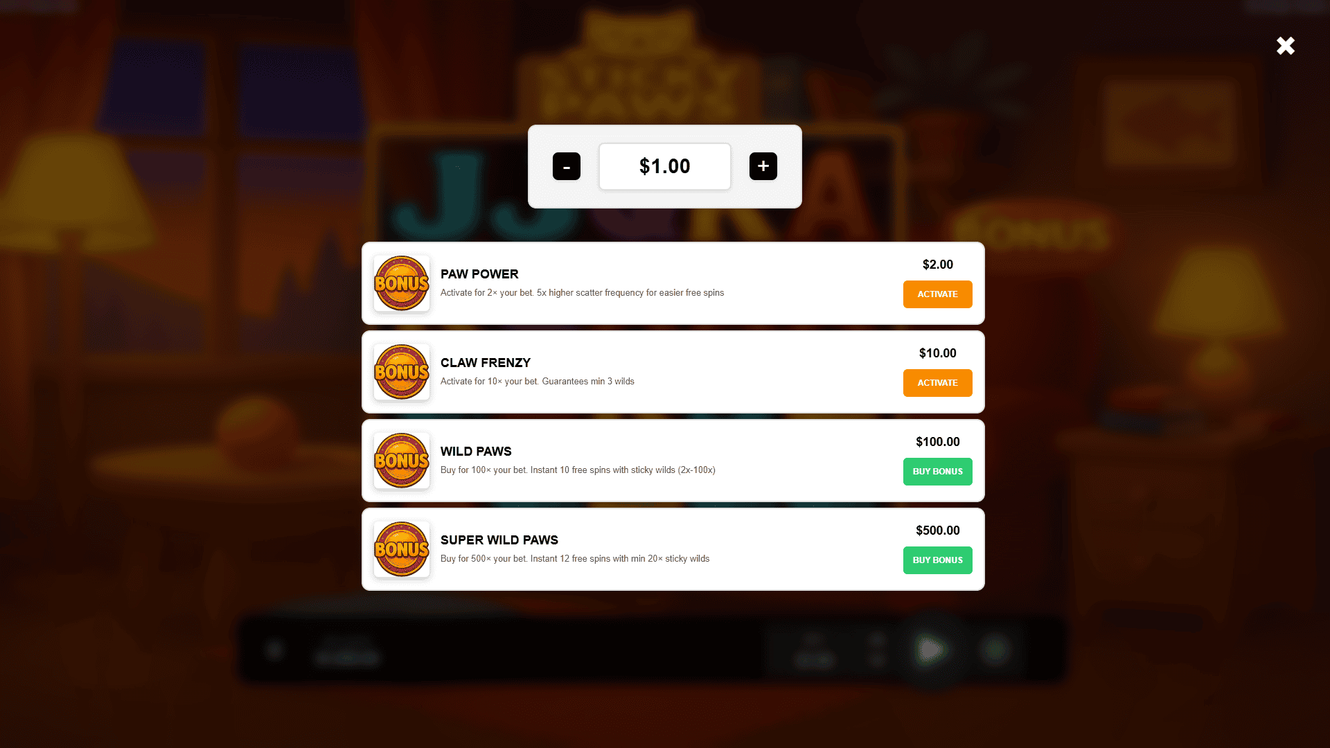 Sticky Paws bonus buy menu
